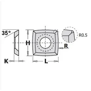 03. P+ Cserelapka 13,8x13,8x2,5 mm; 35°, R=150, r=0,5 
