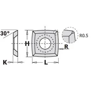 Cserelapka L=15 W=15 T=2,5 d=6,4 mm; R=150; 30°; r=0,5