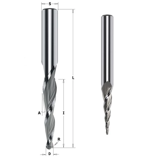 CMT Tömör keményfém kúpos, gömbhegyű spirálmarók, D=0,8-6,4; R=0,4-3,2; S=6-12,7