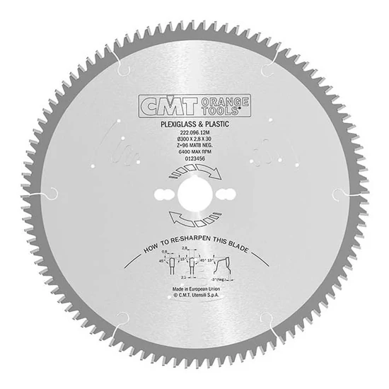CMT ipari körfűrészlap PVC és plexi vágásához; D=250-300; Z=80-96