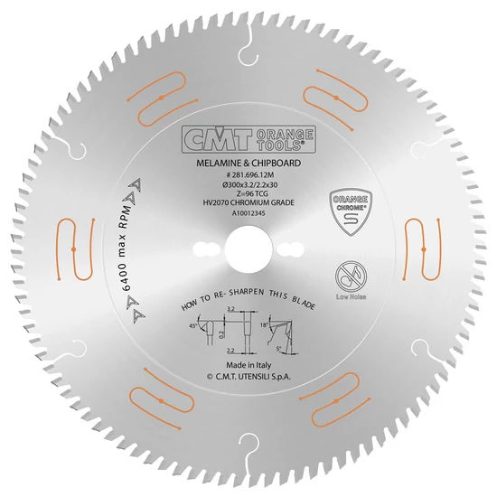 CMT alacsony zajszintű, krómozott fűrésztárcsa bútorlapokhoz és finom vágásokhoz; D=160-350; Z=48-108