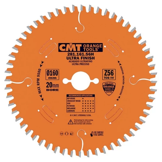 CMT Ipari körfűrésztárcsa kétoldalas bútorlaphoz negatív homlokszöggel; D=160-260; Z=56-64