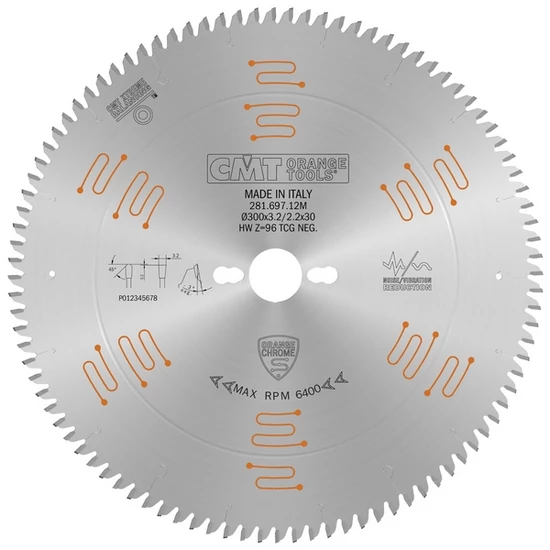 CMT alacsony zajszintű króm fűrésztárcsa bútorlaphoz/ HPL-hez; D=160-300; Z=52-96