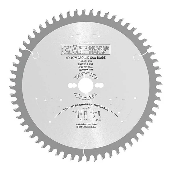 CMT holkeres körfűrésztárcsa negatív élszöggel bútorlaphoz, finom vágásokhoz; D=220-303; Z=42-60