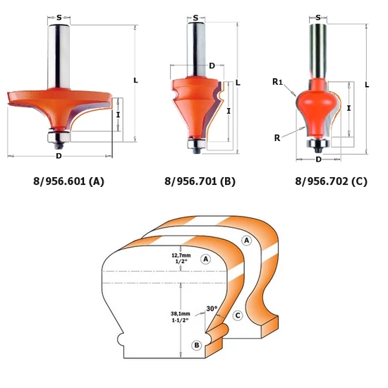 CMT Keményfém lapkás korlátléc maró szerszámok, 'A-B-C' profil, S=12-12,7