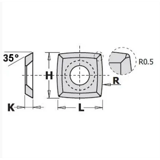 03. P+ Cserelapka 13,8x13,8x2,5 mm; 35°, R=150, r=0,5 