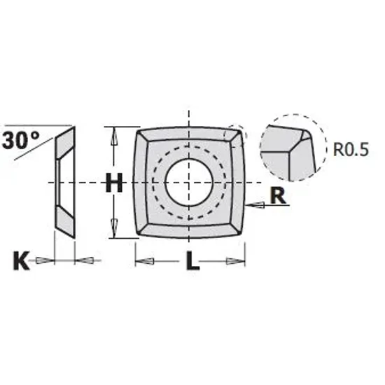 Cserelapka L=15 W=15 T=2,5 d=6,4 mm; R=150; 30°; r=0,5